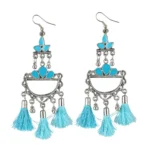 Women's Oxidized Silver Plated Firoji Tassel Earrings - Blue - Front View by Nari Haat, Indian ethnic wear, women clo...