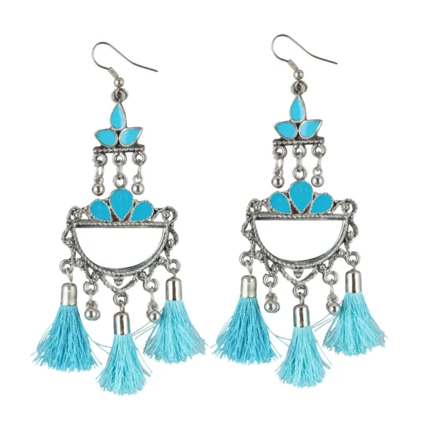Women's Oxidized Silver Plated Firoji Tassel Earrings - Blue - Front View by Nari Haat, Indian ethnic wear, women clo...