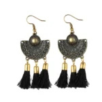 Women's Gold Plated Black Tassel Fashion Dangle Earrings - Front View by Nari Haat, Indian ethnic wear, women clothin...
