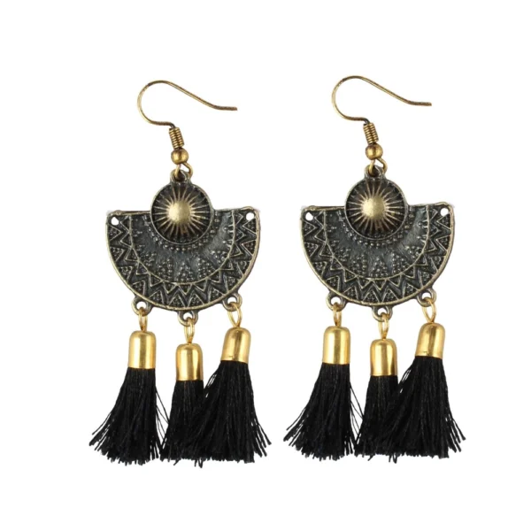 Women's Gold Plated Black Tassel Fashion Dangle Earrings - Front View by Nari Haat, Indian ethnic wear, women clothin...