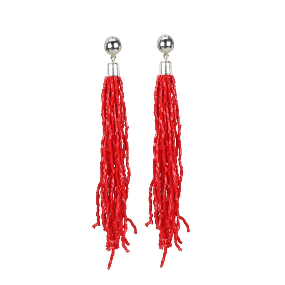 Elegant Red Alloy & Bead Dangle Hook Earrings for Women - Front View by Nari Haat, Indian ethnic wear, women clothing...