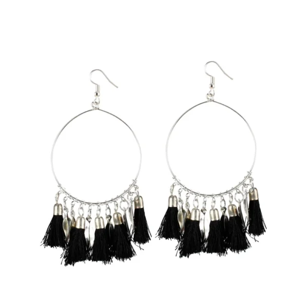Elegant Black Tassel Dangle Earrings for Women - Alloy Fashion Hook Earrings - Front View by Nari Haat, Indian ethnic...