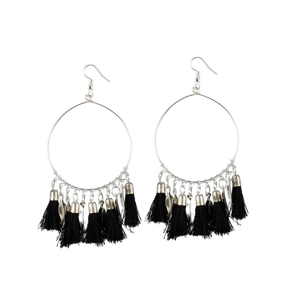 Elegant Black Tassel Dangle Earrings for Women - Alloy Fashion Hook Earrings - Front View by Nari Haat, Indian ethnic...