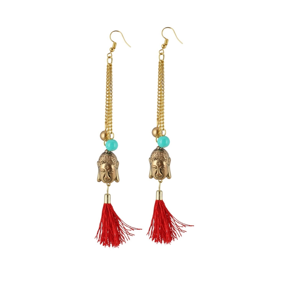 Elegant Gold Plated Tassel Dangle Earrings for Women - Front View by Nari Haat, Indian ethnic wear, women clothing, d...