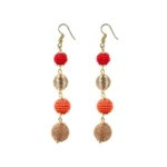 Women's Gold Plated Red & Golden Tassel Dangler Earrings - Front View by Nari Haat, Indian ethnic wear, women clothin...