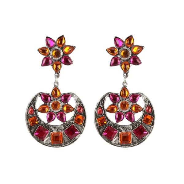 Women's Vibrant Multi-Color Silver Plated Dangle Hook Earrings - Front View by Nari Haat, Indian ethnic wear, women c...