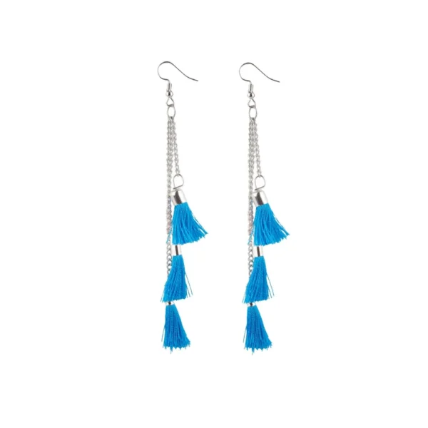 Elegant Women's Blue Tassel & Bead Dangle Hook Earrings - Front View by Nari Haat, Indian ethnic wear, women clothing...