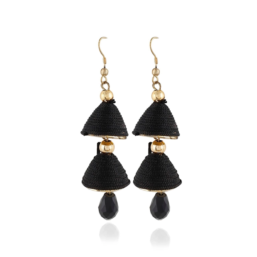 Elegant Black Alloy & Beaded Hook Dangler Earrings for Women - Front View by Nari Haat, Indian ethnic wear, women clo...
