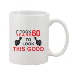 Elegant 11oz white ceramic coffee mug with vibrant print