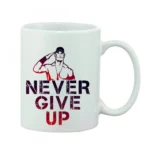 White ceramic coffee mug with a generic print