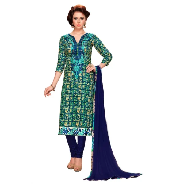 Women's Blue & Green Glaze Cotton Unstitched Salwar Suit with Dupatta