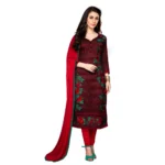 Women's Dark Maroon Cotton Unstitched Salwar Suit with Dupatta