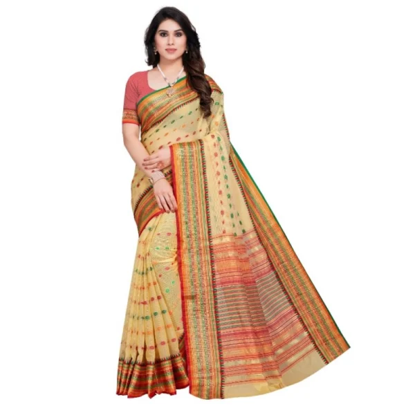 Beige Kota Doria Cotton Saree Woven Butta
