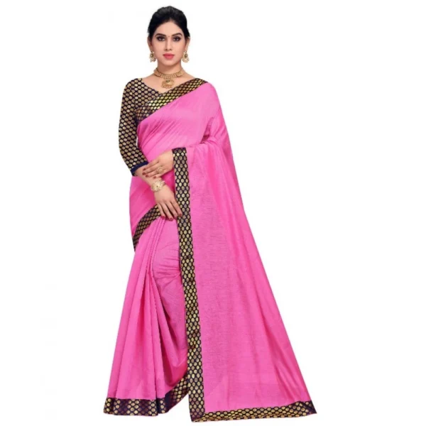 Pink Chanderi Cotton Lace Border Saree with Blouse