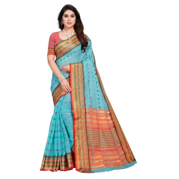Sky Blue Kota Doria Cotton Saree Woven Butta