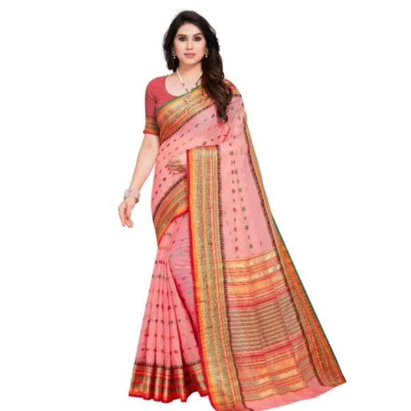 Pink Kota Doria Cotton Saree Woven Butta