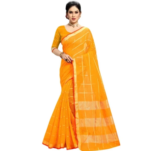 Yellow Kota Doria Cotton Checked Saree with Blouse Piece