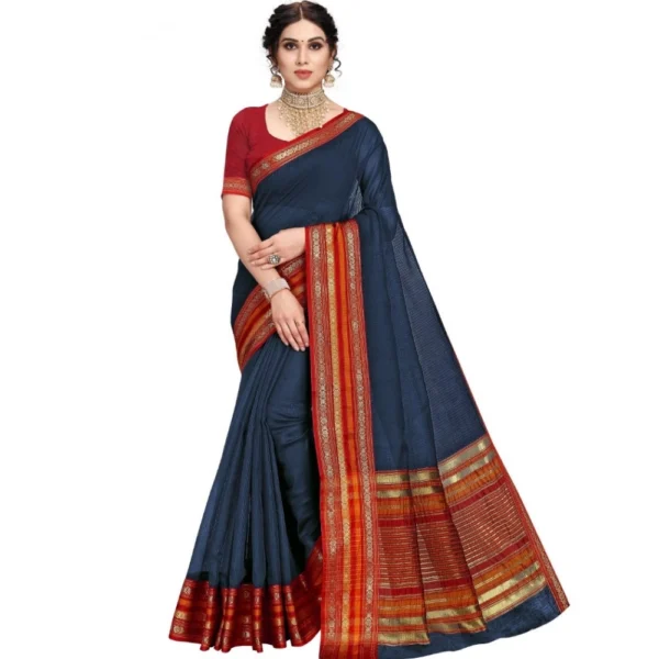 Navy Blue Kota Doria Cotton Bordered Saree with Blouse