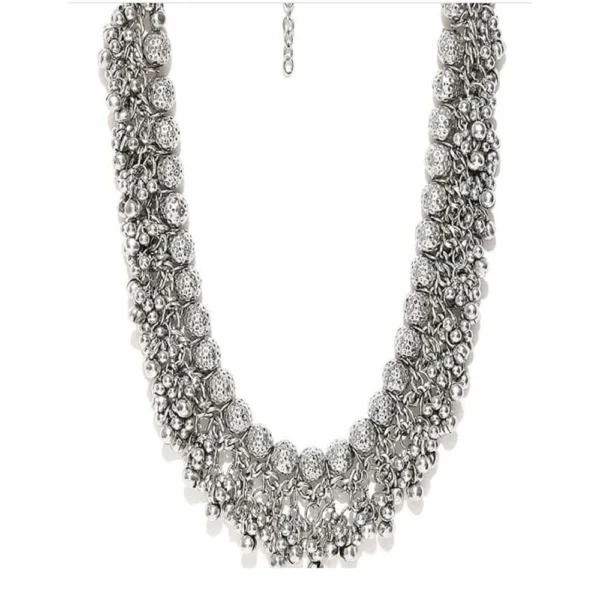 Elegant German Silver Ghungroo Beaded Choker Necklace - Silver Tone - Front View by Nari Haat, Indian ethnic wear, wo...