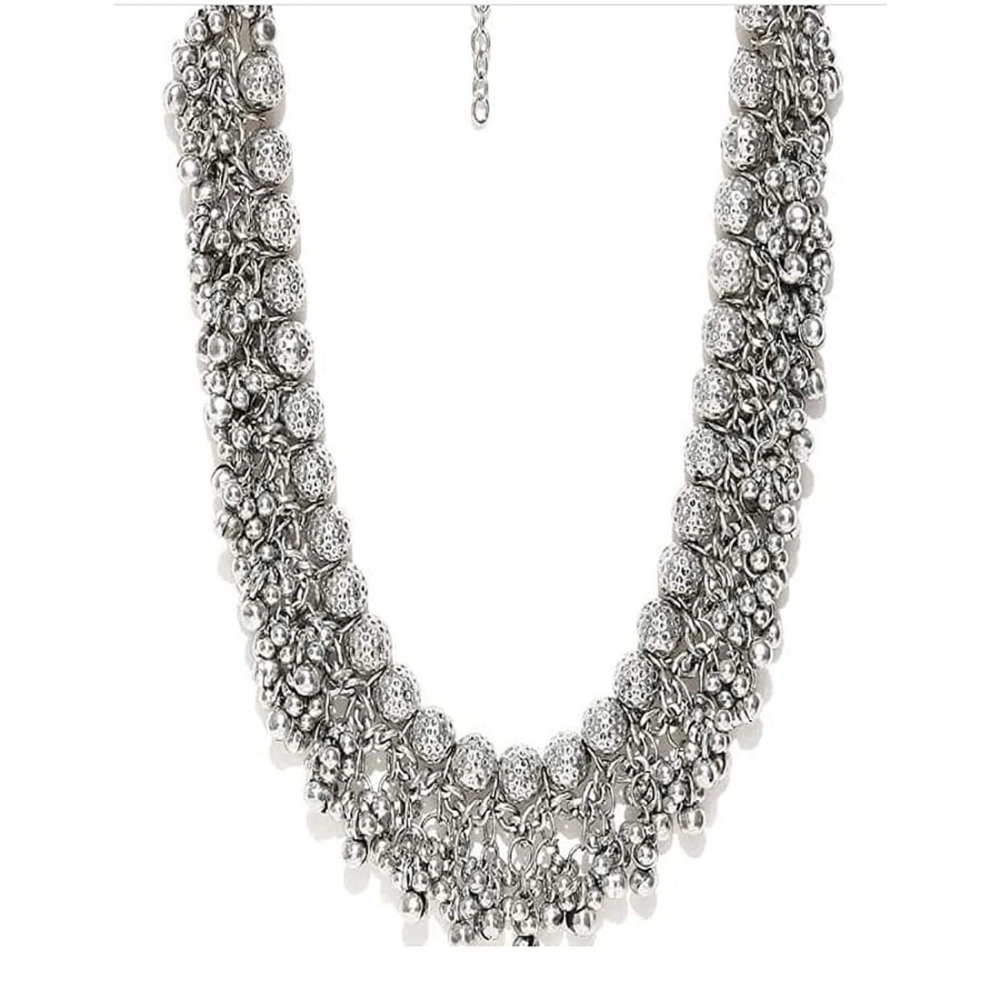 Elegant German Silver Ghungroo Beaded Choker Necklace - Silver Tone - Front View by Nari Haat, Indian ethnic wear, wo...