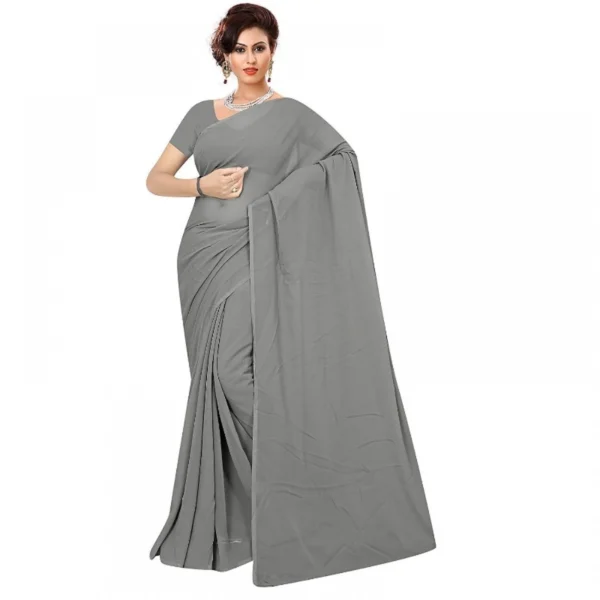 Grey Georgette Plain Saree with Blouse