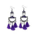 EthnoChic Women's Silver Plated Purple Afghani Tassel Earrings - Front View by Nari Haat, Indian ethnic wear, women c...