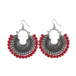 Silver Plated Red Beaded Dangle Hook Earrings for Women - Front View by Nari Haat, Indian ethnic wear, women clothing...