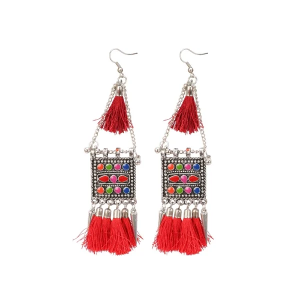 Women's Oxidized Gold Plated Hook Tassel Dangler Earrings - Multi-Color - Front View by Nari Haat, Indian ethnic wear...