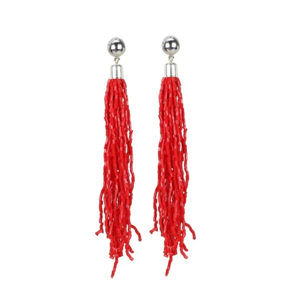 Women's Red Beaded Alloy Dangle Hook Earrings - Front View by Nari Haat, Indian ethnic wear, women clothing, designer...