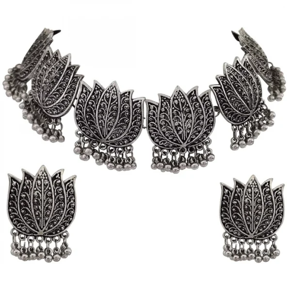 Antique Silver Oxidised Tribal Afghani Necklace Set with Earrings for Women - Front View by Nari Haat, Indian ethnic ...