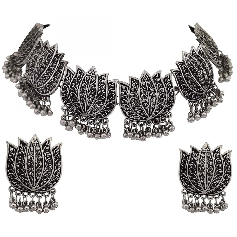 Antique Silver Oxidised Tribal Afghani Necklace Set with Earrings for Women - Front View by Nari Haat, Indian ethnic ...