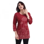 Generic Women's Quarter Sleeve Faux Crepe Printed Short Kurti Tunic Top (Color:Maroon) - Image 3