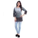 Generic Women's Quarter Sleeve Faux Crepe Printed Short Kurti Tunic Top (Color:Grey) - Image 3