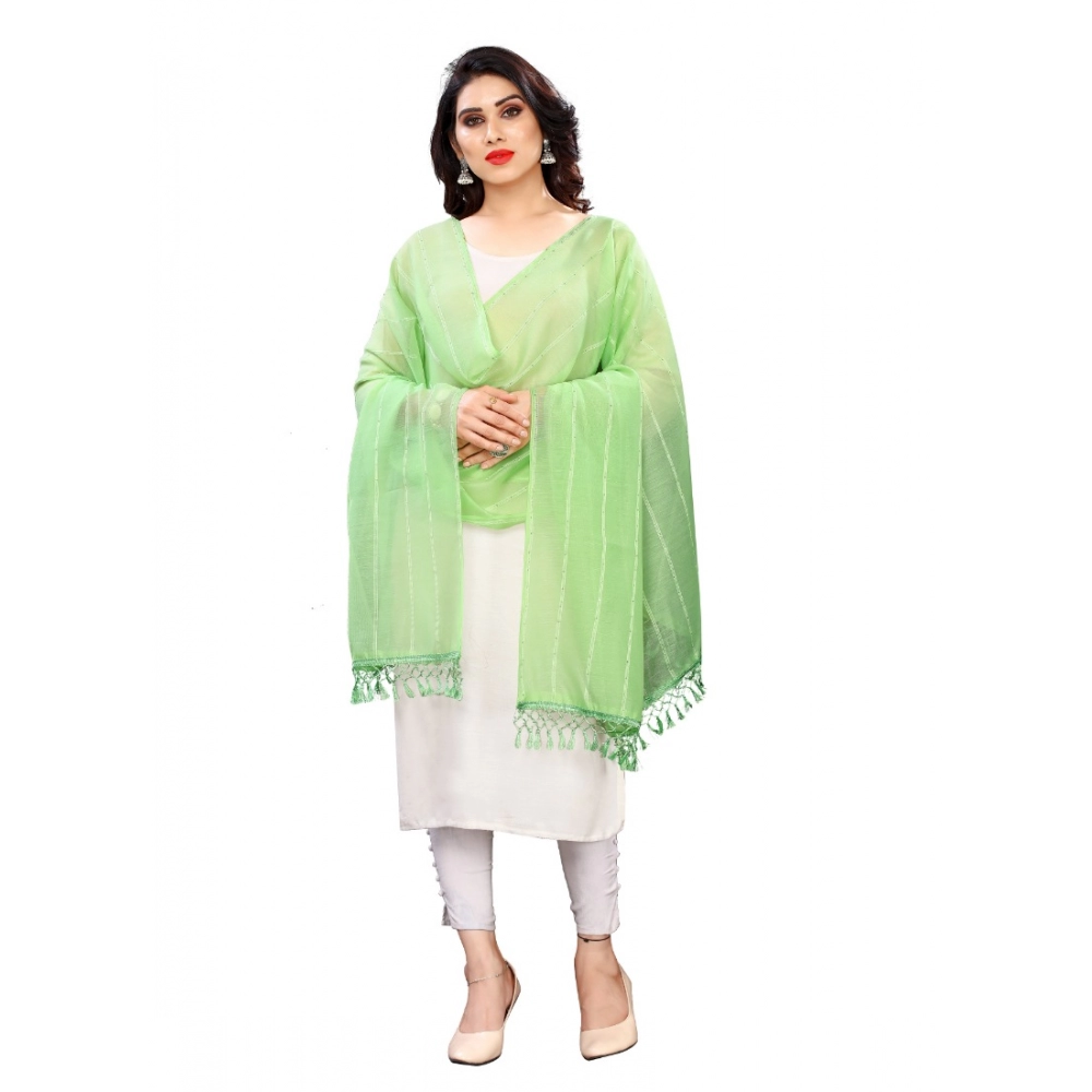 Parrot Green Cotton Silk Striped Dupatta
