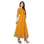 Generic Women's Rayon Cotton Golden Yellow And Rani Gold Printed Anarkali Gown Kurti - Image 2