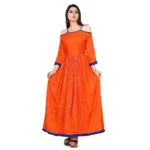 Generic Women's Rayon Cotton Orange Embroidered Long Kurti