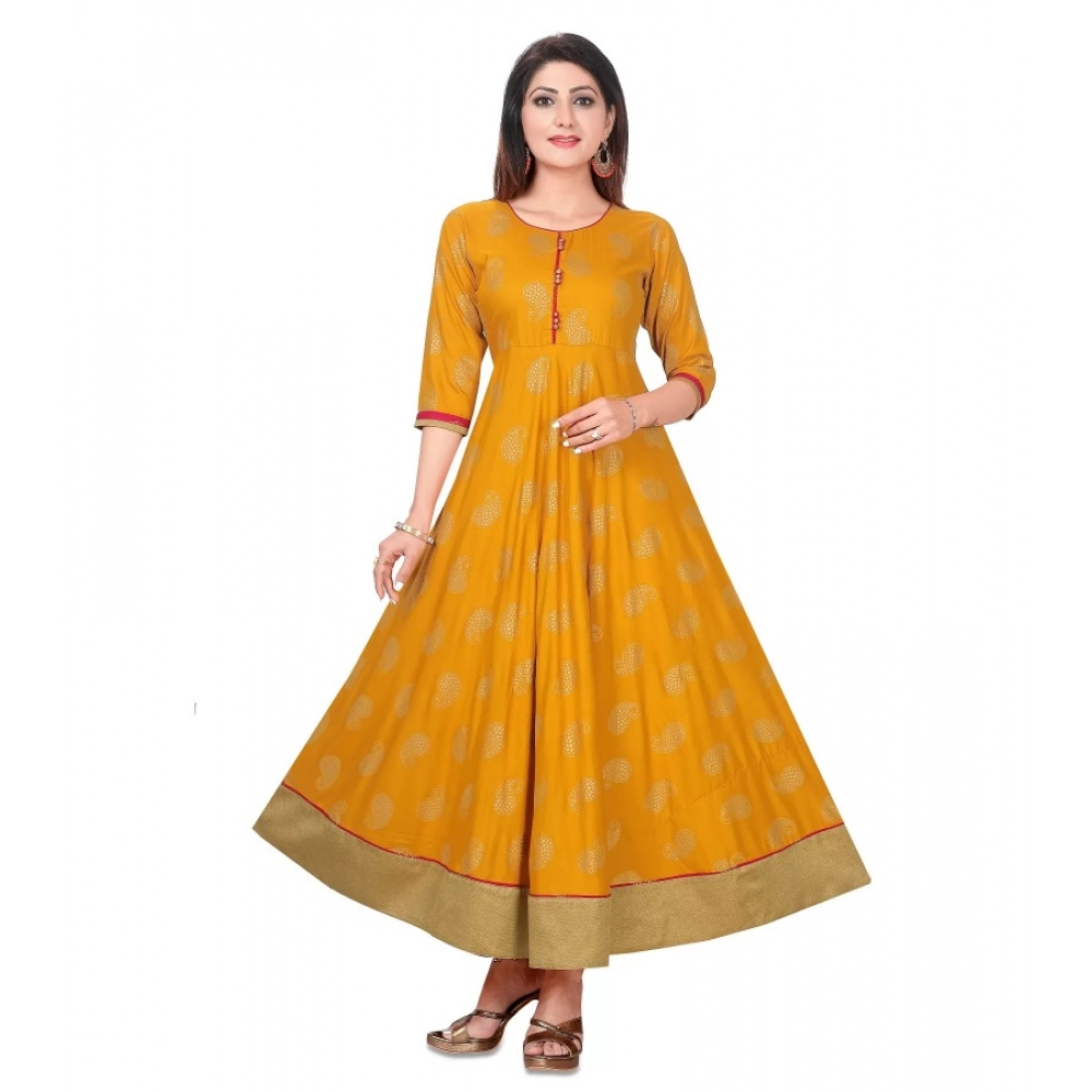 52001886695_bb5b66bf21_o_d-1000x1000-1.webp Generic Women's Rayon Cotton Golden Yellow And Rani Gold Printed Anarkali Gown Kurti - Image 1