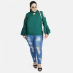 Generic Women's Casual Bell Sleeve Solid Green Top (Color:Green, Material:Crepe) - Image 2