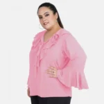 Generic Women's Casual Bell Sleeve Solid Pink Top (Color:Pink, Material:Georgette) - Image 5