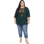 Generic Women's Casual Embroidered Dark Green Top (Color:Dark Green, Material:Rayon) - Image 2