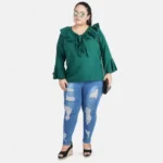 Generic Women's Casual Bell Sleeve Solid Green Top (Color:Green, Material:Georgette) - Image 2