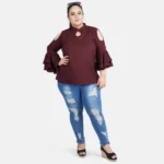 Generic Women's Casual Juliet Sleeve Solid Maroon Top (Color:Maroon, Material:Crepe) - Image 2