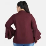 Generic Women's Casual Juliet Sleeve Solid Maroon Top (Color:Maroon, Material:Crepe) - Image 3