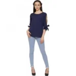 Generic Women's Casual Slit Sleeve Solid Blue Top (Color:Blue, Material:Poly Crepe) - Image 6