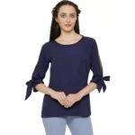 Generic Women's Casual Slit Sleeve Solid Blue Top (Color:Blue, Material:Poly Crepe)