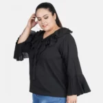 Generic Women's Casual Bell Sleeve Solid Black Top (Color:Black, Material:Georgette) - Image 5