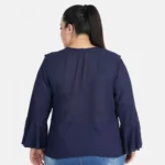 Generic Women's Casual Bell Sleeve Solid Blue Top (Color:Blue, Material:Georgette) - Image 3