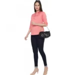 Generic Women's Casual Three Fourth Sleeve Solid Pink Top (Color:Pink, Material:Cotton Linen Blend) - Image 3