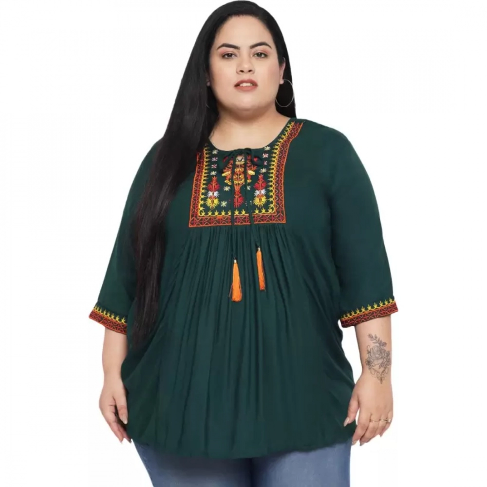 Dark Green Embroidered Womens Top Rayon
