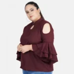 Generic Women's Casual Juliet Sleeve Solid Maroon Top (Color:Maroon, Material:Crepe) - Image 5